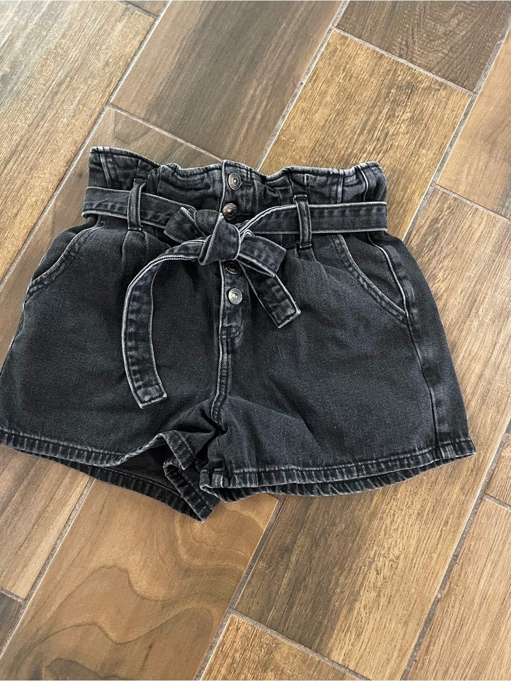 Abercrombie & Fitch Black High-Waist Paperbag Denim Shorts with Tie Belt